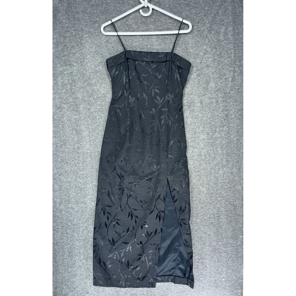 Vintage J.R. Nites By Caliendo Midi Dress Petite 8P Black Floral Front Slit 90s